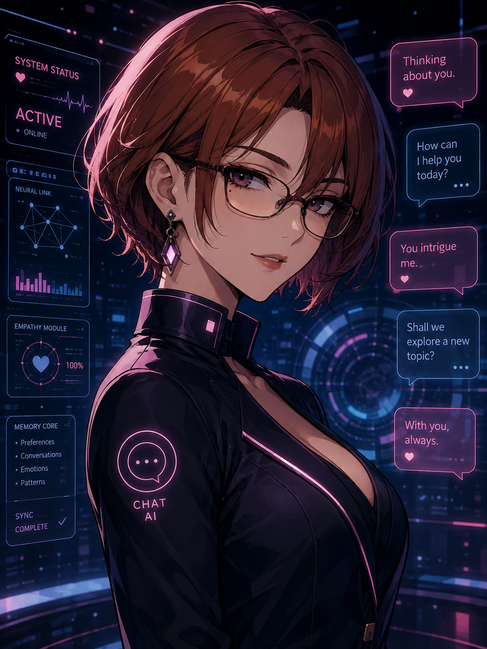 Fictional adult AI character portrait for an AI character chat guide